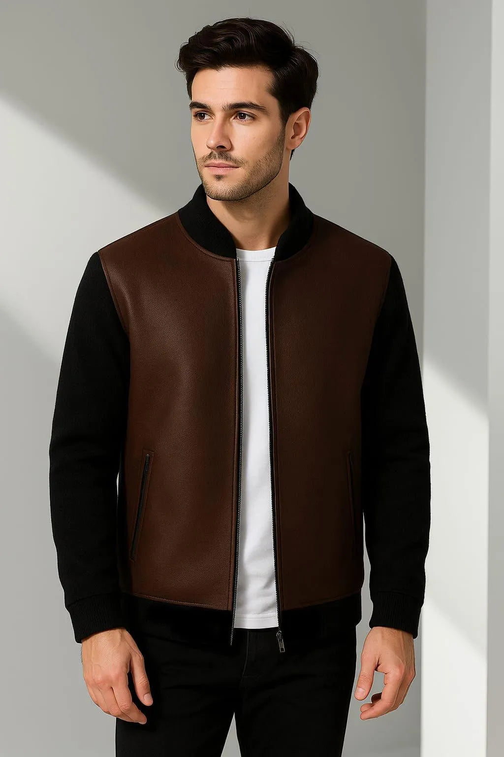 Men's Brown Rexine Hooded Bomber Jacket