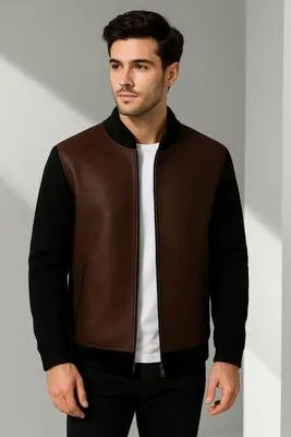 Men's Brown Rexine Hooded Bomber Jacket